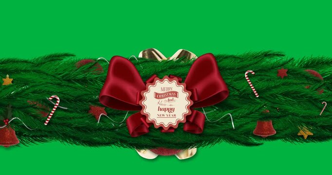 Merry christmas and happy new year text banner over decorated green tree branch