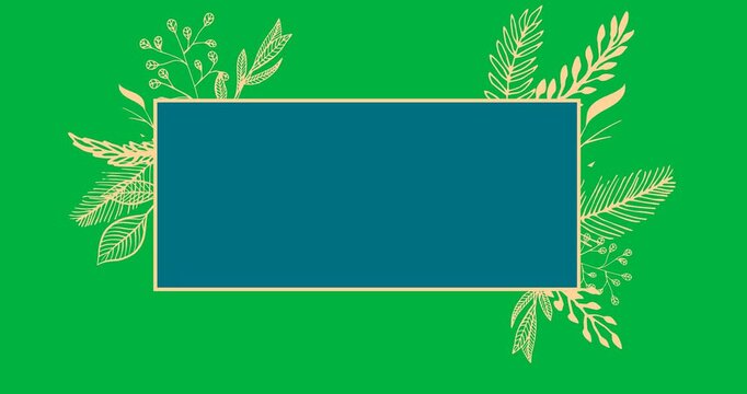 Digital animation of banner blue with copy space against golden floral design on black background