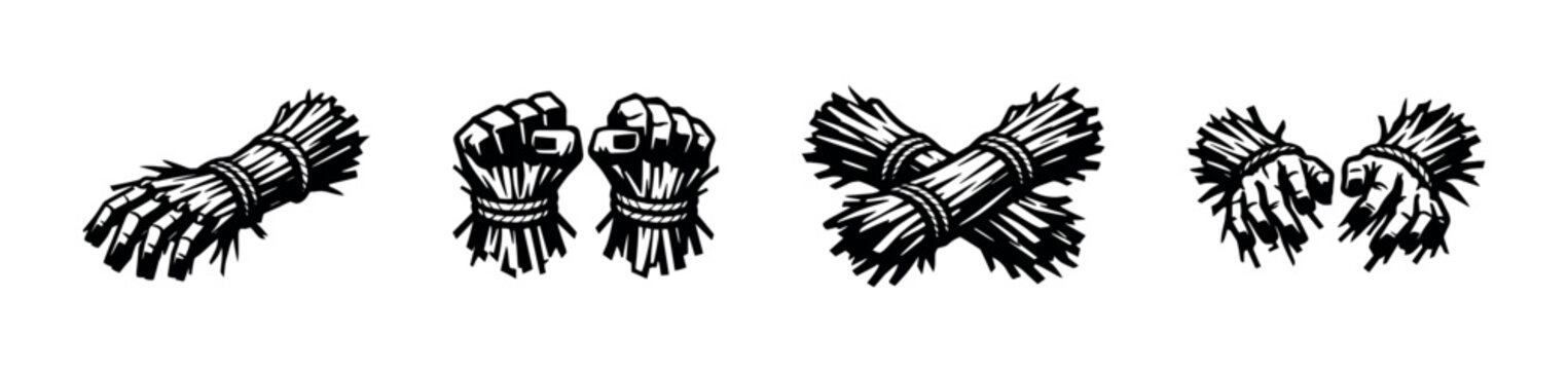 Black and white vector illustration of tied straw bundles silhouette botanical elements