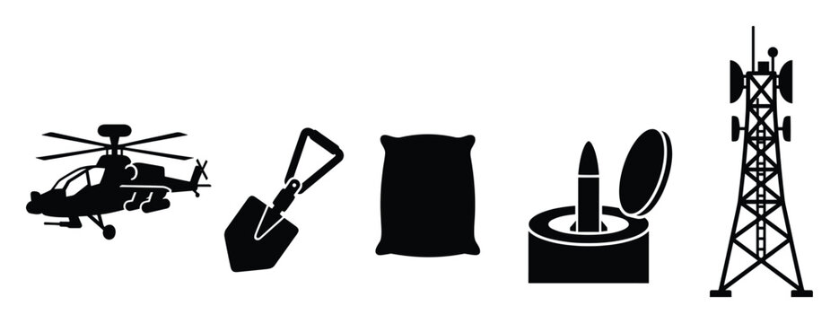 Diverse collection of essential military and infrastructure icons including attack helicopter, tactical shovel, heavy duty sandbag, mortar shell, and communication tower for defense