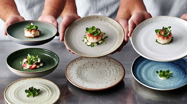 Two hands presenting a variety of ceramic plates with gourmet dishes, showcasing intricate designs and vibrant colors on a metallic surface in a culinary setting