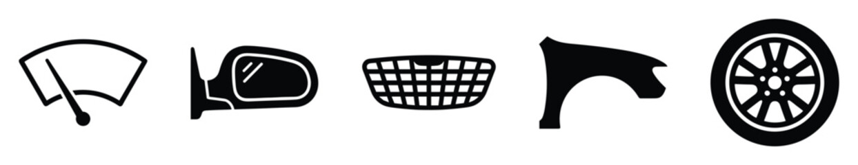 Obraz premium Various automotive parts icons for vehicle repair and maintenance applications, including windshield wiper, side mirror, car grille, fender, and wheel symbols, ideal for websites or service