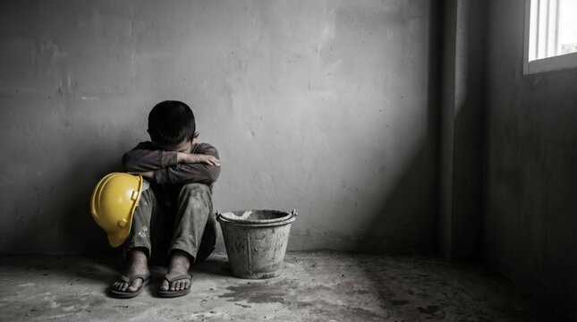 Sad young boy sitting alone in a dark room with a yellow hard hat and bucket.