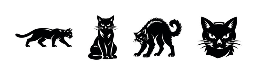 Black and white silhouette illustrations of cats, feline vector art featuring various cat poses © UnIcons