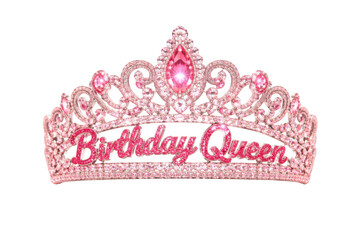 Sparkling pink tiara crown with 'birthday queen' inscription as cut out PNG