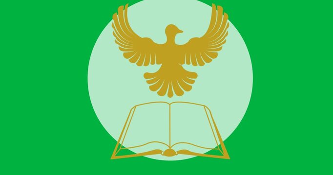 Digital animation of bird over a bible icon against black background