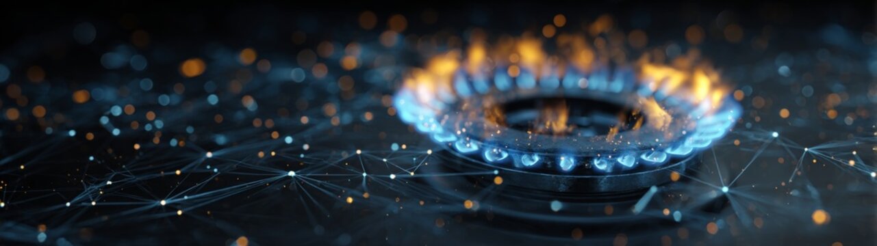 Igniting economic strain: the impact of rising gas prices across the globe. Social media interaction. Blue flame and financial patterns highlight global household cost increases.