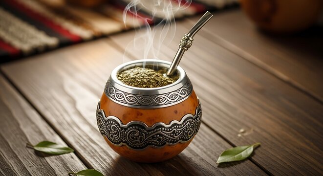 Traditional Yerba Mate Drink in Gourd with Metal Straw.