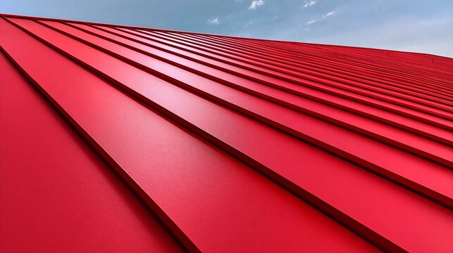 Close-up view of a red metal roof with ridged panels under a clear blue sky, showcasing the texture and sheen of the surface