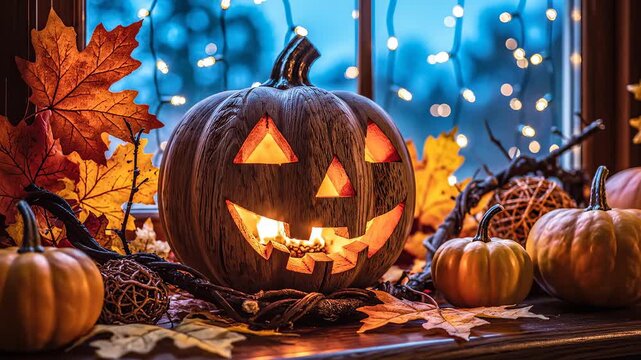 Halloween pumpkin with autumn leaves for commercial backgrounds, digital design, and advertising