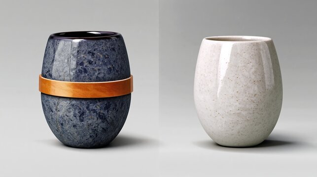 Two modern ceramic cups, one dark blue with a wooden band and one light gray, displayed against a neutral background highlighting their unique shapes and textures