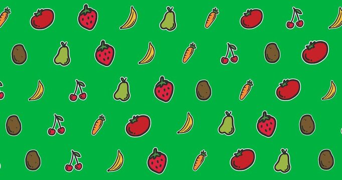 Digital animation of multiple food items in seamless pattern against black background