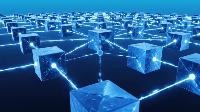 Blue cubes connected by glowing lines for commercial backgrounds, digital design, and advertising
