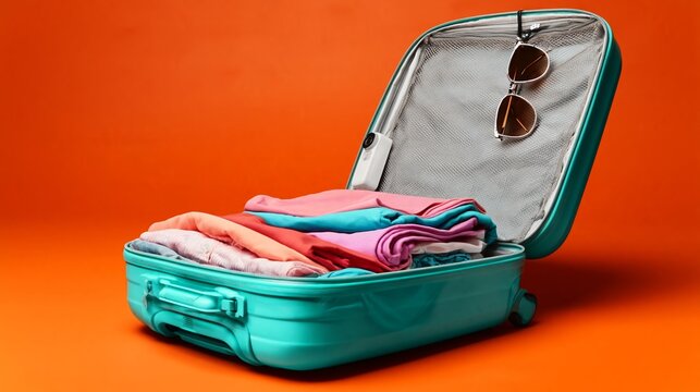 Open turquoise suitcase filled with neatly folded colorful clothes and sunglasses on an orange background, ideal for travel and packing concepts