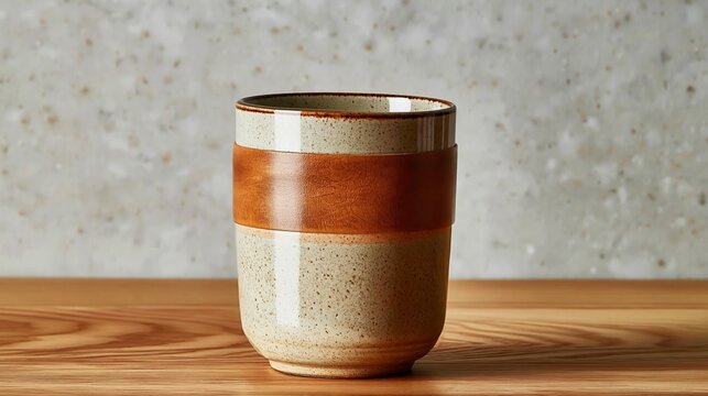 Ceramic cup with a textured beige and brown design placed on a wooden surface against a blurred speckled background