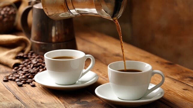 Coffee being poured from a French press into two white cups on a wooden table with coffee beans and a rustic background