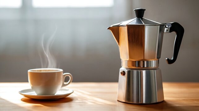 Stainless steel moka pot with steaming coffee cup on wooden table, soft natural light illuminating the scene, creating a warm and inviting atmosphere