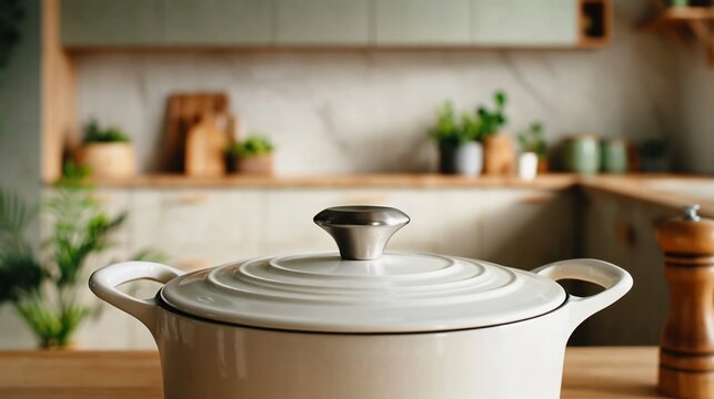 White ceramic cooking pot with a silver lid placed on a wooden kitchen countertop, surrounded by green plants and wooden kitchenware in a modern kitchen setting
