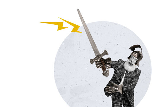 Template sketch image composite artwork collage of ancient conqueror hero costume vintage knight style aged man wear armor hold sword