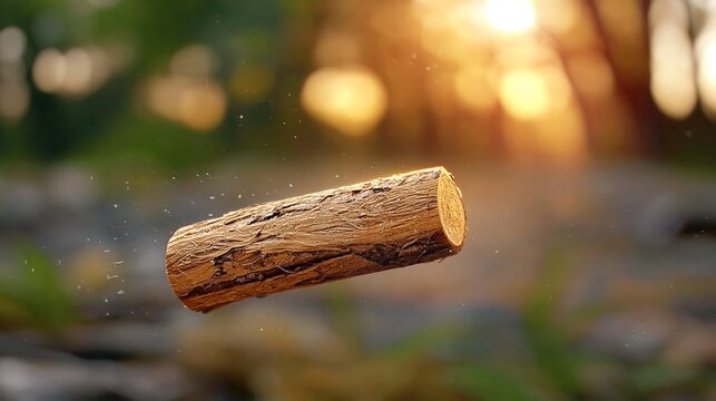 Floating wooden log with detailed texture illuminated by warm sunlight in a natural outdoor setting with blurred greenery in the background