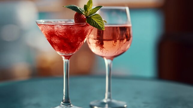 Two colorful cocktails on a round table, one in a martini glass garnished with mint and raspberry, the other in a wine glass, with a blurred background of a sunny outdoor setting