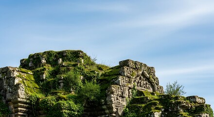 Obraz premium Ancient stone temple ruins overgrown with lush green vegetation under a bright blue sky with wispy clouds