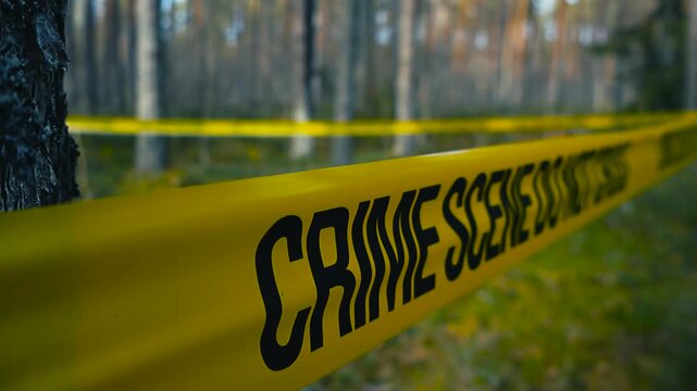 Yellow police tape with the black text Crime Scene Do Not Cross cordoning off an area in a pine forest, indicating a serious incident or investigation in a secluded natural setting
