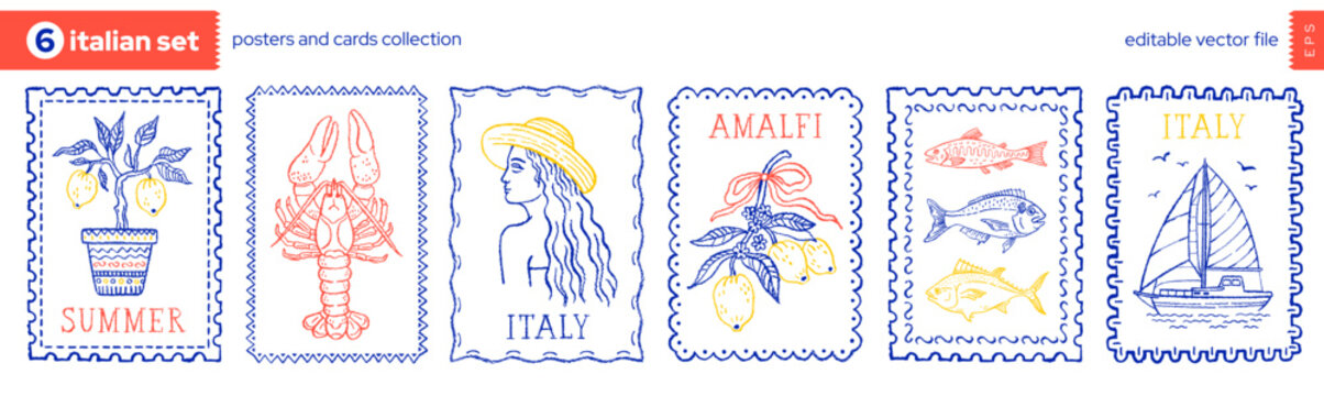 Summer stamp from Italy. Mediterranean Italian postage frame. Coastal Amalfi vacation bg. Vintage beach pattern. Doodle hand drawn Italian stamp. Mediterranean sea frame. Lemon beach lobster sea food