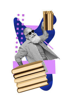 Vertical photo collage of happy old man carry stack book library classic literature reader hobby leisure isolated on painted background