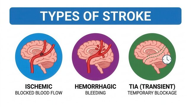 An infographic showing brain blood flow diagrams for ischemic, hemorrhagic, and TIA stroke types.