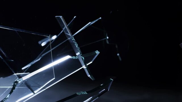 Shattered glass pieces floating in the air, creating a dynamic visual effect. Represents fragility and the impact of destruction in artistic expression