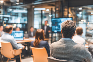 Fototapeta premium People attending a business meeting or presentation in a modern office setting with a focus on teamwork and collaboration.