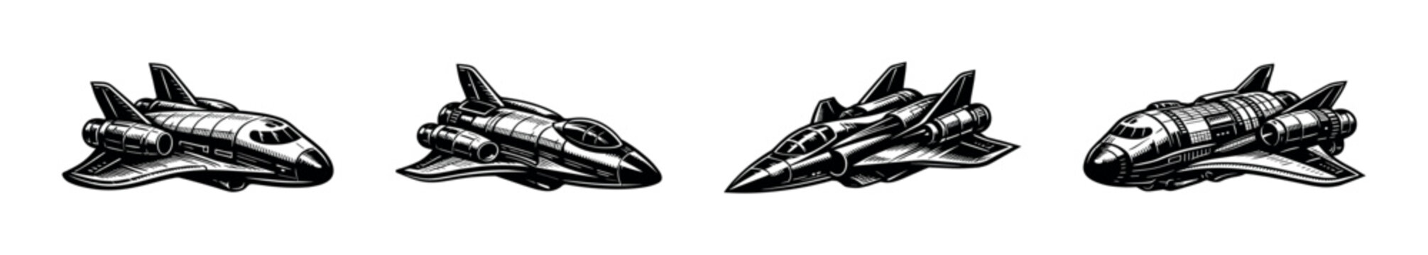 Collection of retro futuristic spaceship illustrations, spacecraft designs, black and white, vector art