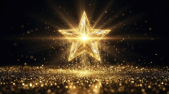 Shimmering gold dust surface with a brilliant glowing star rising upwards.