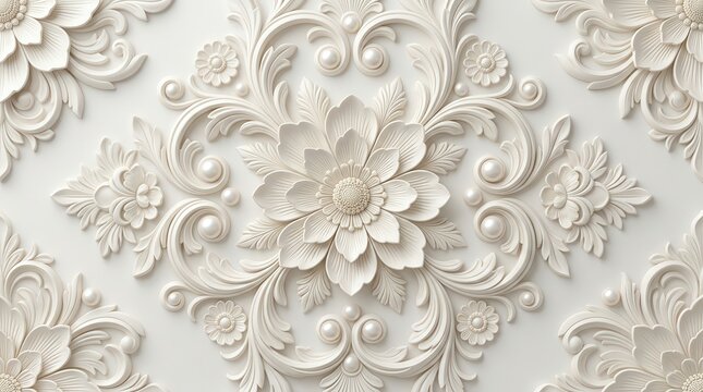A beautiful white fantasy wallpaper with 3D flowers and leaves in a vintage style.