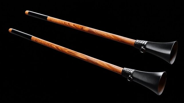 Traditional wooden didgeridoo instruments with black mouthpieces displayed against a black background, showcasing intricate wood grain and craftsmanship details