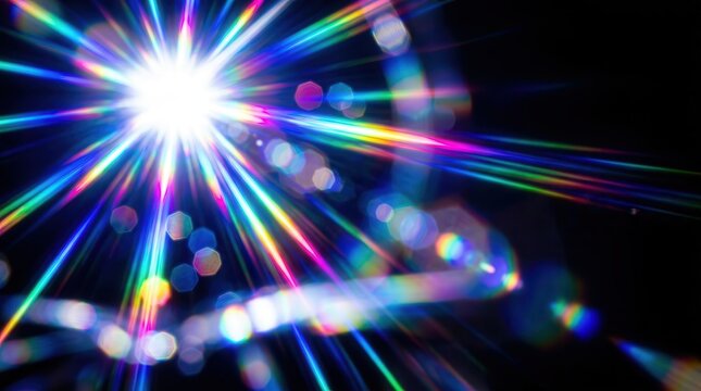 Abstract blurred colorful lens flare bokeh with prismatic light rays.