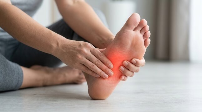 A person holding a painful foot due to plantar fasciitis and inflammation.