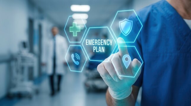 A professional managing a hospital emergency plan via digital safety protocol interface.