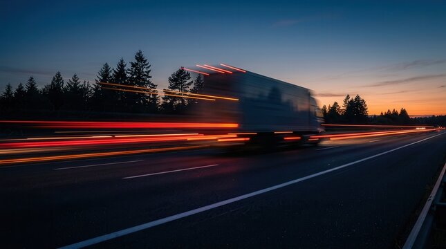 Logistics management concept showing a moving truck with long exposure light trails at dusk.