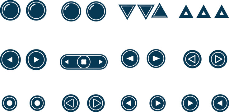 Collection of modern flat icons for media controls and geometric shapes isolated on transparent background