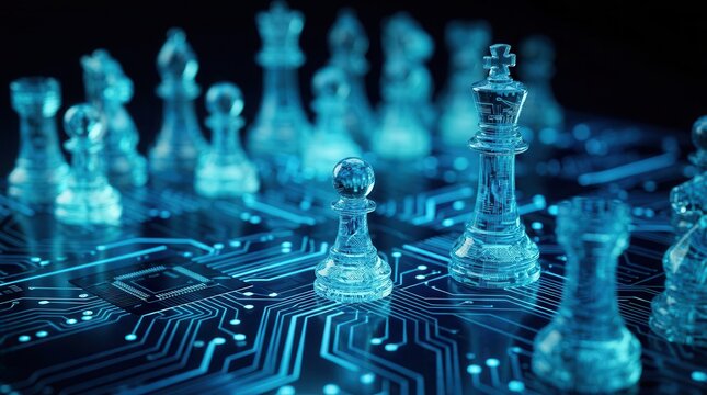 Digital transformation initiative concept with futuristic chess pieces and electronic circuit board background.