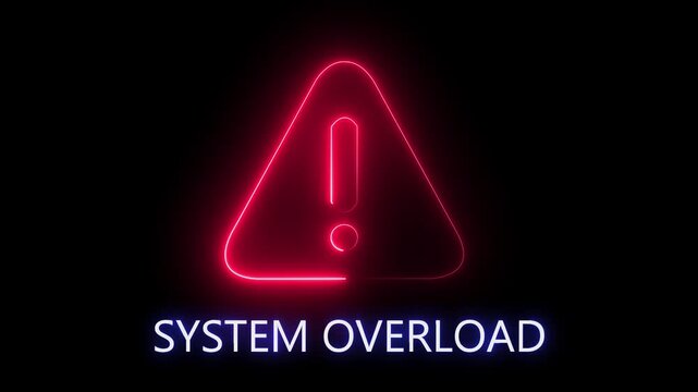 Danger risk alert stop error SYSTEM OVERLOAD warning attention sign. Glowing neon text icon animation. glowing neon sign