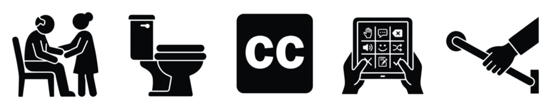 Comprehensive set of inclusive icons symbolizing elder care, restroom accessibility, closed captioning, assistive communication tools, and safety grab bars for diverse support services and
