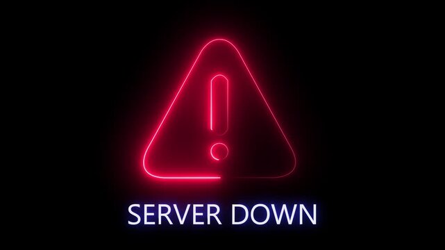 Danger risk alert stop error SERVER DOWN warning attention sign. Glowing neon text icon animation. glowing neon sign