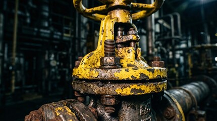 Fototapeta premium Heavy duty industrial pipe valve painted in chipped bright caution yellow sits against a dark moody background highlighting bolt details.