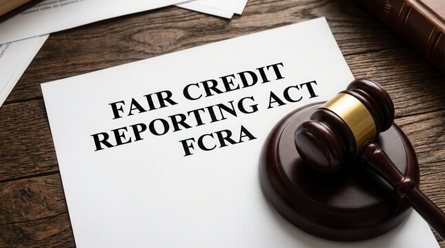 Legal concept of FCRA Fair Credit Reporting Act compliance with a gavel on a dark wooden surface.