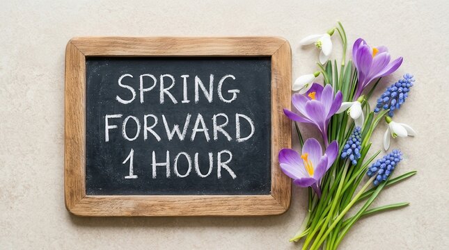 Seasonal time change reminder featuring spring flowers and a wooden framed chalkboard sign.
