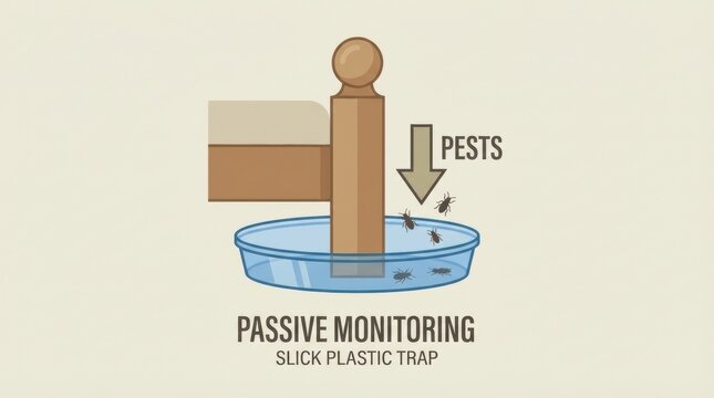 Passive monitoring trap illustration showing bed bugs under furniture leg. Informative graphic for pest detection and management. Useful for educational guides and home safety articles.