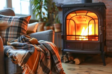 Obraz premium Warm and inviting living room interior featuring a burning fireplace and a comfortable armchair draped with a cozy plaid, creating a perfect ambiance for relaxation during cold seasons